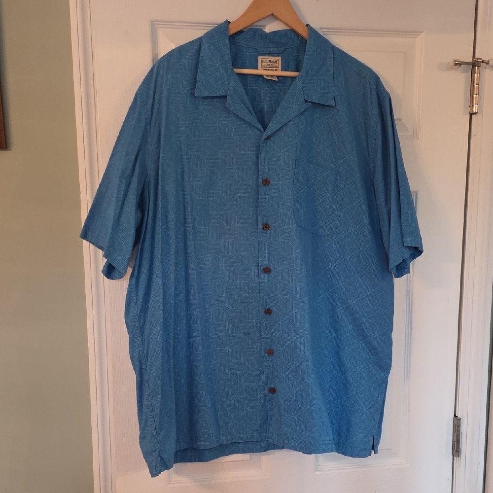 Ll Bean Mens Tropics Blue Geo Tribal Print Cotton Short Sleeve Shirt Sz XLT